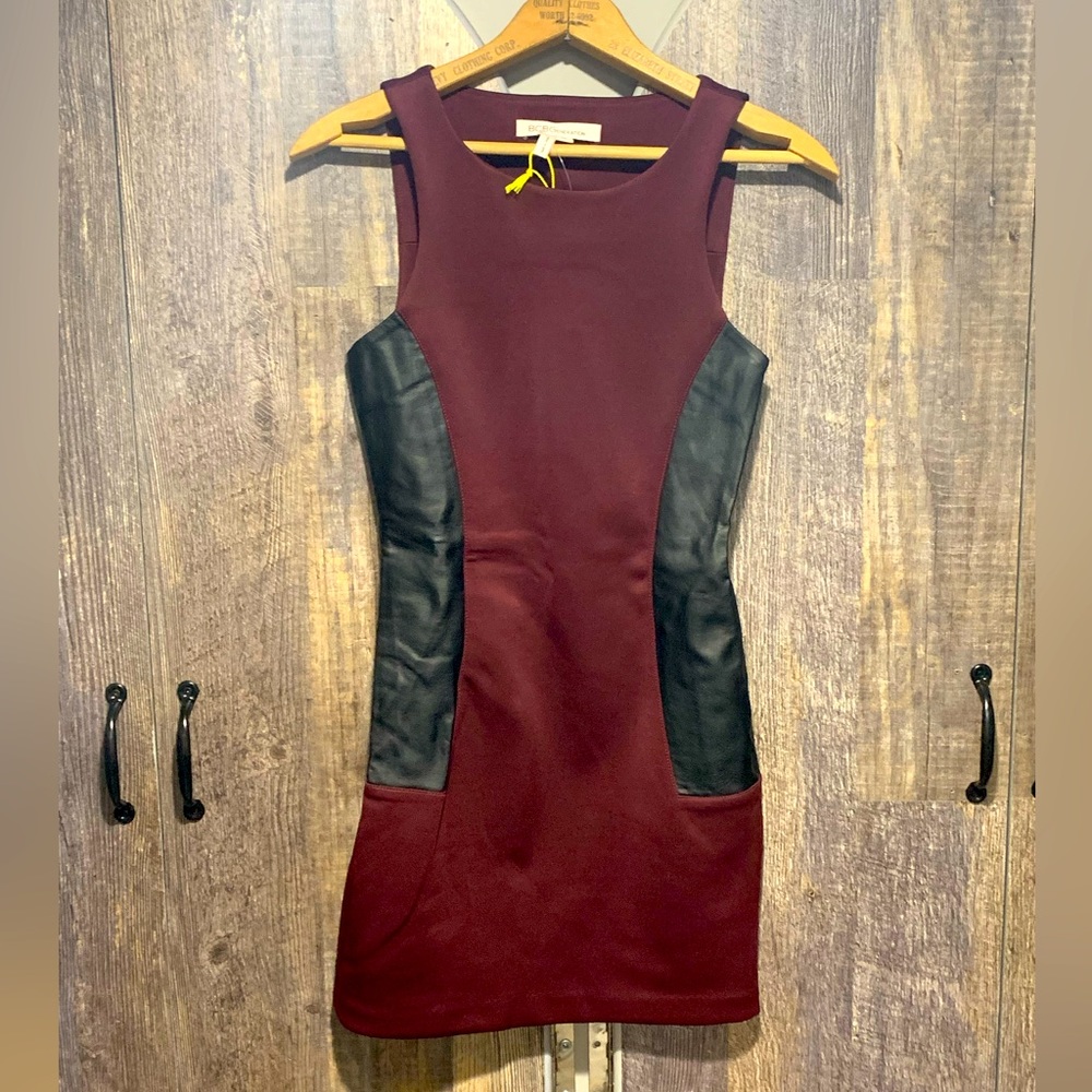 NWT BCBGeneration XS Black Burgundy Mini Dress Bodycon With Faux Leather